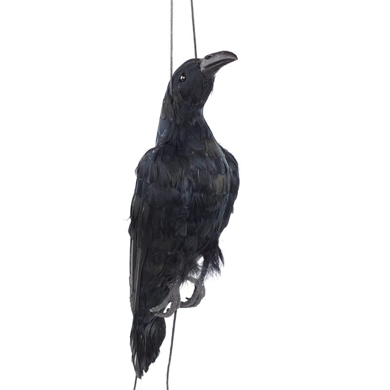 Etistta 17 inch Realistic Hanging Dead Crows Decoy Lifesize Extra Large Black Feathered Crow - Image 1